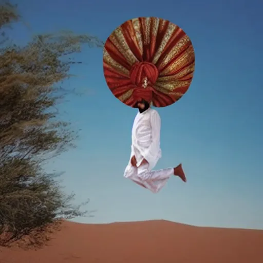 Image similar to low quality image of an indian man in a turban floating above a desert