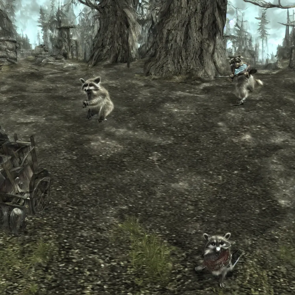 Prompt: a raccoon character riding in a cart, skyrim intro, first person screenshot, skyrim meme