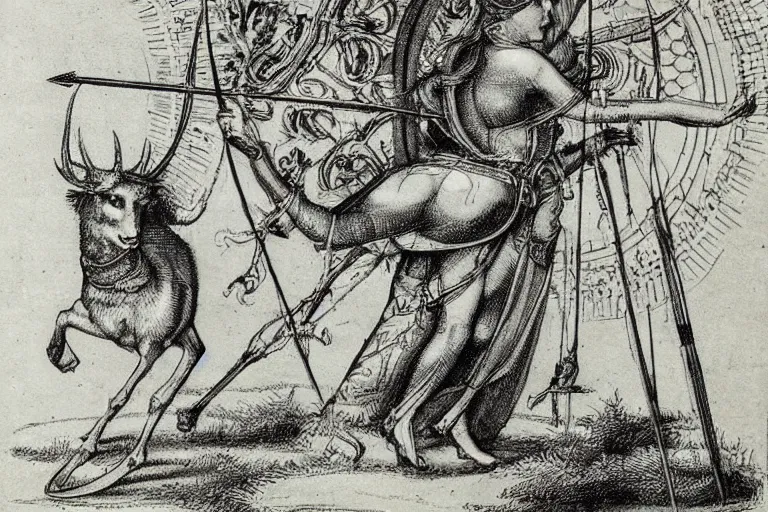 Prompt: Vintage, detailed, sketch of the goddess artemis aiming a bow at a cyborg deer. Art style of Leonardo da Vinci