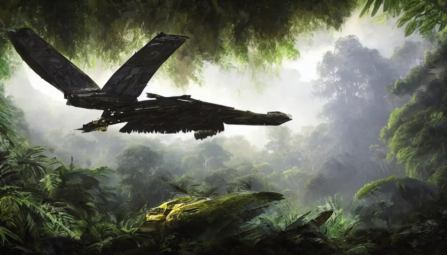 Prompt: a beautiful painting of a crashed klingon bird of prey in a lush jungle, ray traced lighting by kalin popov and greg rutkowski