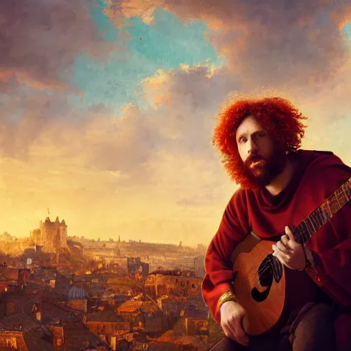 Image similar to a rugged man with curly red hair wearing a green cloak playing a guitar sitting on a roof top, medieval setting, entire city visible, zoomed out, atmospheric lighting, painted, intricate, volumetric lighting, beautiful, rich deep colours masterpiece, golden hour, digital art