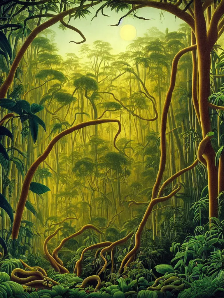 Prompt: A beautiful painting of a foreboding atmosphere inside the lush Malaysian jungle, dense exotic rainforest flora and fauna where time seems to stand still, creeping tree vines that looks like bloody entrails, tree roots like severed limbs by Martin Johnson Heade, Hiroshi Sugimoto, Henri Rousseau, medium close up shot, wide angle lens, photo realistic, anaglyph filter, cinematic mood lighting, National Geographic photograph, cinematography of Apocalypse Now (1977), trending on Art Station.