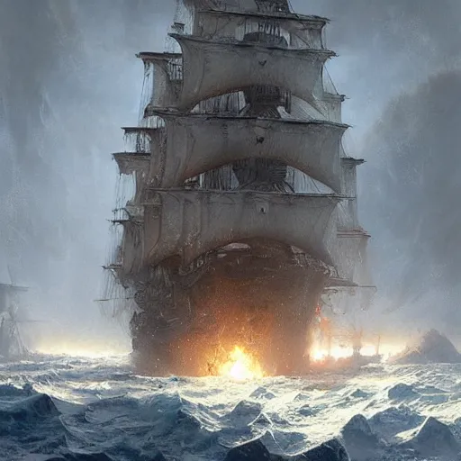 Prompt: pirate ship in hell, cold, icey white lightning, frozen monstrocity in the background, hyperdetailed, artstation, cgsociety, by greg rutkowski, by Gustave Dore