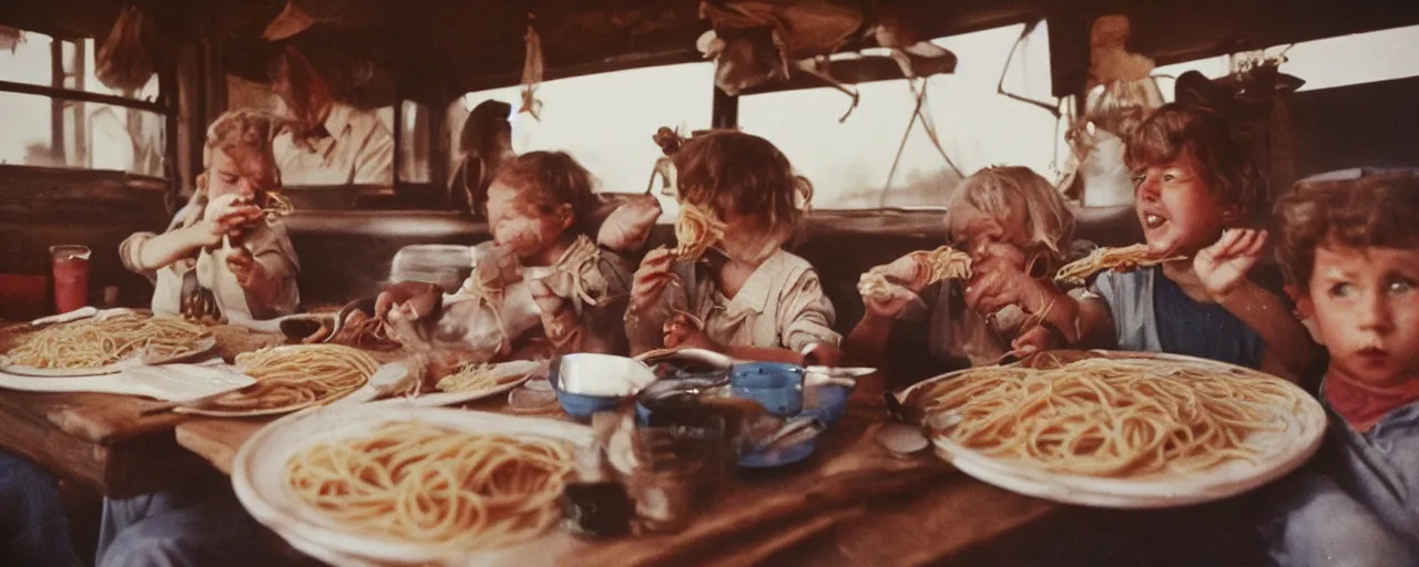 Prompt: dust bowl family eating spaghetti, jalopy, american west, aesthetic!!, small details, facial expression, intricate, canon 5 0 mm, wes anderson film, kodachrome, retro