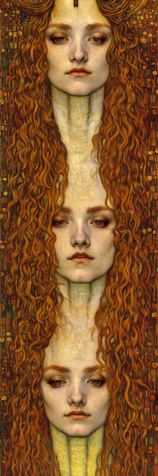 Image similar to detailed realistic beautiful young medieval queen face portrait by jean delville, gustav klimt and vincent van gogh, art nouveau, symbolist, visionary, gothic, pre - raphaelite, muted earthy colors, desaturated