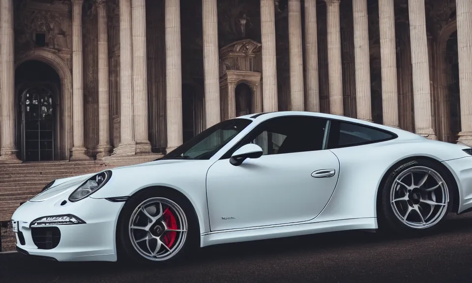 Image similar to closeup photo of a porsche 911 standing in a beautiful palace, dof, chromatic aberration