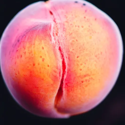 Image similar to a macro photo of a round peach's dry hairy skin, hyper realistic, hyper detailed, 35mm, very grainy film, pink volumetric studio lighting, bokeh, black background award winning shot, vogue magazine, cinematic, 8k, very closeup, elegant, tender, pastel