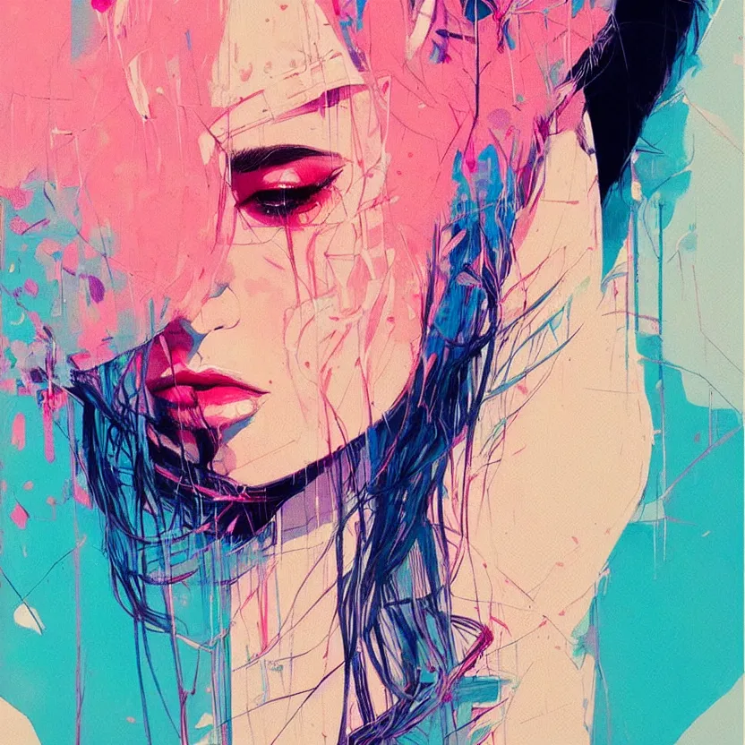 Image similar to close up portrait painting of a female in nineties street styling, concept art, intricate details, aesthetically pleasing pastel colors, art by conrad roset, impressionism, portrait