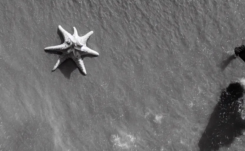 Prompt: found drone footage of a giant Kaiju monster with starfish-like arms, trampling over Pyongyang, long cast shadows, rimlight, film grain, underexposed, epic action, monochrome