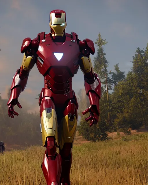 Image similar to iron man styled mech suit in red dead redemption 2, cinematic, photorealistic