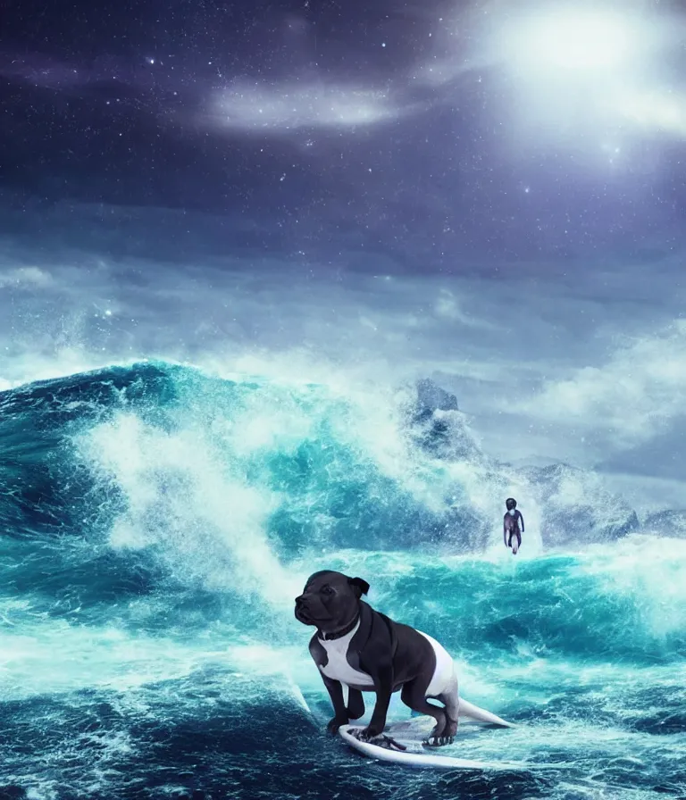 Image similar to photo of a dark gray coat pit bull with a white paws and a white nose!, surfing on a surfboard in a crashing wave of alien galaxy, trending on art station, ocean in space, background is an alien galaxy, aliens in the background, alien colors, octane render, unreal engine, wide view, 8 k, highly detailed