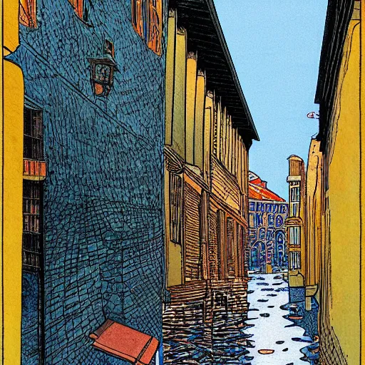 Image similar to water flowing through the streets in old city, sideview, colourful drawing by moebius