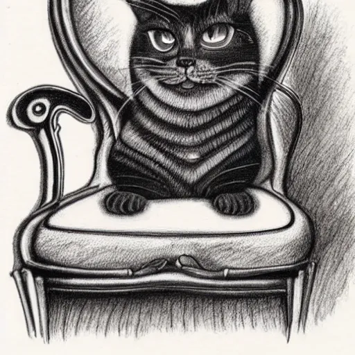 Prompt: a cat sitting in a chair, Tim Burton drawing, detailed, creepy