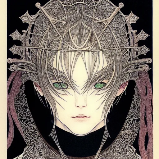 Image similar to prompt: Fragile looking vessel portrait soft light drawn by Takato Yamamoto, inspired by Fables, black ancient chrome knight armor, magical and alchemical weapons, soft light, white background, intricate detail, intricate oil painting detail, sharp high detail, manga and anime 2000