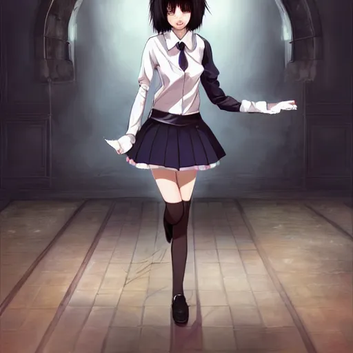 Image similar to luxury advertisement, astonishing portrait of a very beautiful anime schoolgirl with black bob hair, full perfect face, she is dancing. Realistic, highly detailed background, artstation, 120 degree view, drawn by Sasoura, Satchely and Akihiko Yoshida, no distortion