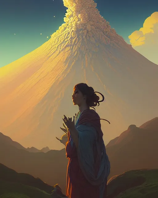 Image similar to highly detailed surreal vfx portrait of a sacred volcano, stephen bliss, unreal engine, greg rutkowski, loish, rhads, beeple, makoto shinkai and lois van baarle, ilya kuvshinov, rossdraws, tom bagshaw, alphonse mucha, global illumination, detailed and intricate environment