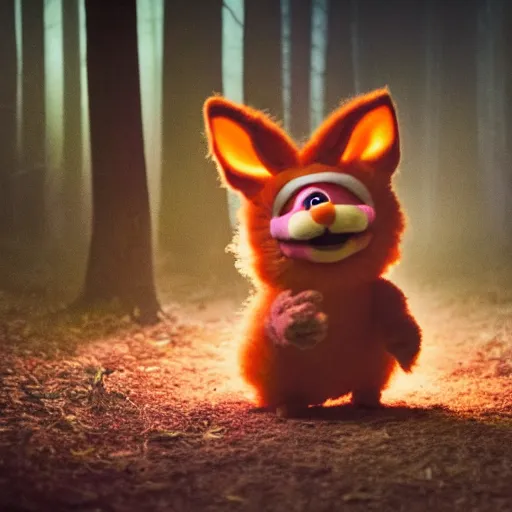 Image similar to a large fox colored furby muppet holding a lit torch and herding a bunch of random muppet animals following behind through a dark felt forest at night, sesame street, photograph, photography, ultrarealistic, national geographic