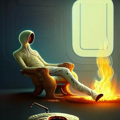 Image similar to mushroom alien sitting in a recliner by the fire smoking a pipe and wearing a soft robe and slippers, symmetrical, elegant intricate digital painting, trending on artstation, by artgerm and greg rutkowski and alphonse mucha