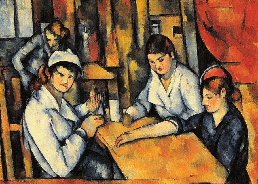 Image similar to in the style of paul cezanne. two hyperpop girls with black and neon clothes sitting at a wooden table in a bar looking at their phones. there is a bright red lamp hangig above the table. milkshakes. dim light. jouers des cates.