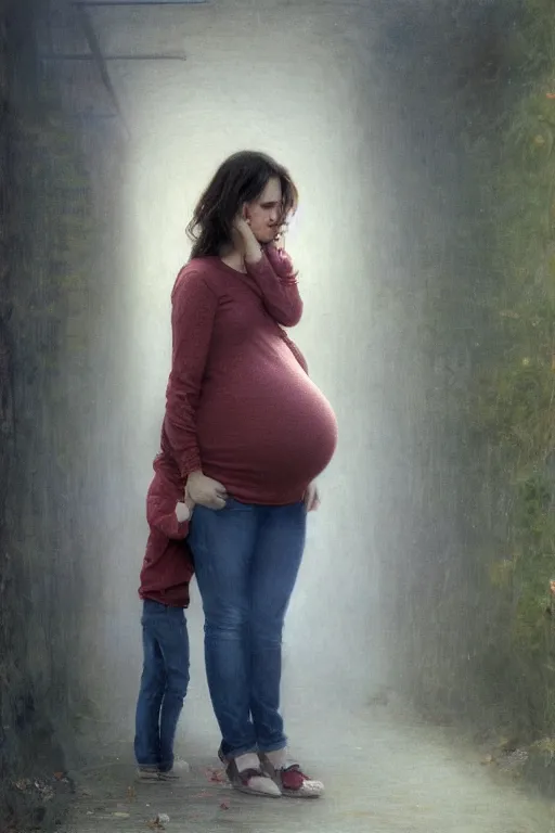 Prompt: pregnant woman under street light, jeans and sweater, by Alyssa Monks, Bouguereau