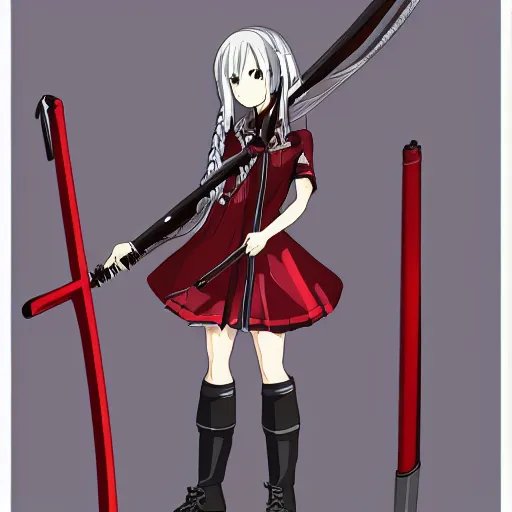 Prompt: advanced digital anime character-design reference sheet:: Girl with long braided silver hair and spectacle glasses wearing a black high school outfit and red skirt holding 5 feet scythe by Mike Inel