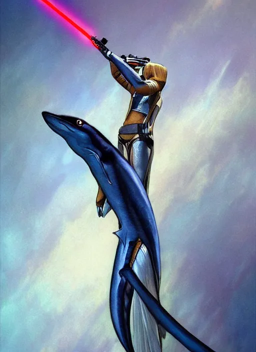 Image similar to blue thrasher shark holding a lightsaber, fantasy, wonderful masterpiece highly detailed, scifi, beautiful cinematic light deep focus, elegant, digital painting, smooth, sharp focus, golden ratio, dramatic illumination, ultra realistic, 8 k, art by ilya kuvshinov, artgerm, alphonse mucha, and greg rutkowski