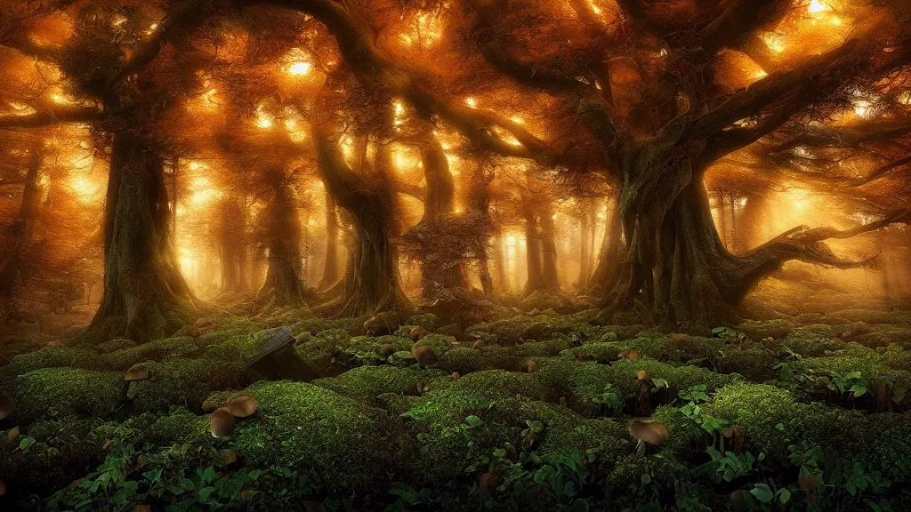 Image similar to amazing landscape photo of a forest of mushrooms by marc adamus, beautiful dramatic lighting