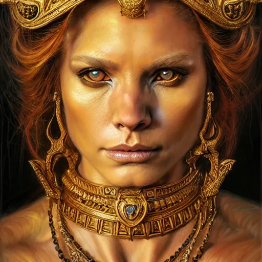 Image similar to highly detailed portrait of a majestic lioness queen in the form of a beautiful woman. d & d. art by donato giancola, brian bolland, ruan jia, steve mccurry. trending on artstation, intricate details, energetic composition, golden ratio, concept art, illustration, elegant art, global illuminaition