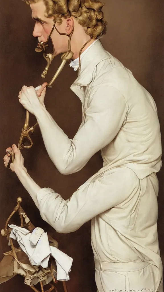 Image similar to Painting of lucius as a German tailor, long blond drill curls, delicate androgynous prince, pale milky white porcelain skin, by Leyendecker and Norman Rockwell