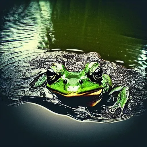 Image similar to “semitranslucent smiling frog amphibian floating over misty lake waters in Jesus Christ pose, low angle, long cinematic shot by Andrei Tarkovsky, paranormal, spiritual, mystical”