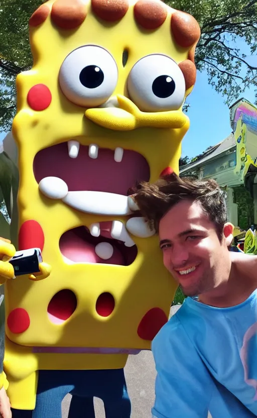 Prompt: img _ 5 4 2 4. jpg. candid real life spongebob selfie. snapchat, instagram, hashtags, accidental selfie, front camera