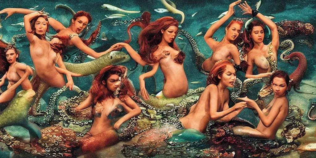 Image similar to divine group of mermaids throwing and hitting eachother with fishes and octopus, fight scene from action movie by tony scott