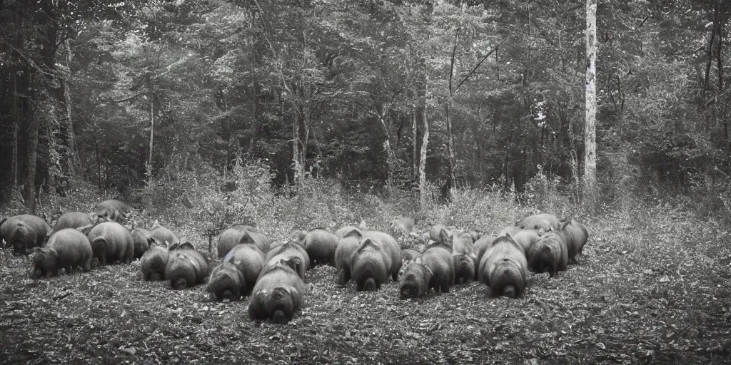 Image similar to a trap camera night photo of a big group of wild boars in a forest, real, photography