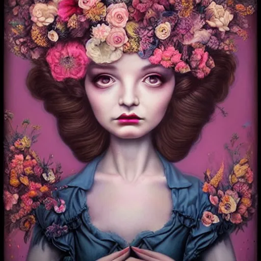 Prompt: pop surrealism, lowbrow art, realistic spanish woman painting, full covered dress, 🌸🍁🌺🍂🌌 flowers, hyper realism, pastel colours, rococo, natalie shau, loreta lux, tom bagshaw, mark ryden, trevor brown style