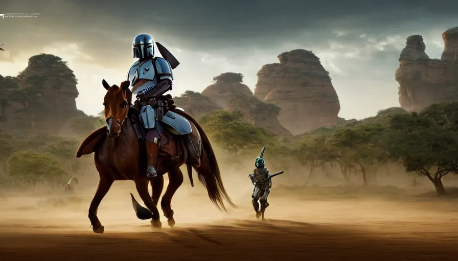 Image similar to mandalorian riding a horse alone, madagascar with baobabs trees in the background, action scene, an epic fantasy, artgerm and greg rutkowski and alphonse mucha, an epic fantasy, volumetric light, detailed, establishing shot, cinematic, photorealistic, hyper detailed, ultra realistic, trending on art station, octane render, midsommar