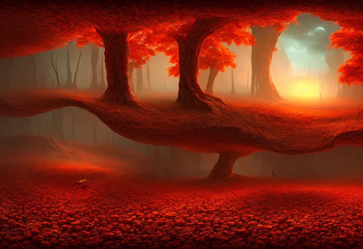 Image similar to inside of alien autumn colored landscape of human mind and imagination, matte painting, beautiful render, octane render, concept art