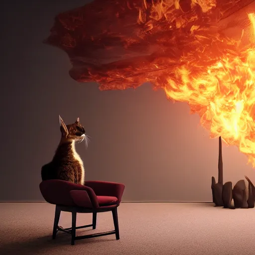 Prompt: wide-angle photo of fluffy cute caracal sitting on a chair near a table in a room, speech balloon in the air, flames of fire at background, octane render, 3d, 8k , hd, studio light