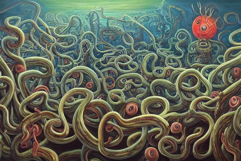 Prompt: a painting of a group of people surrounded by tentacles, a surrealist painting by clark voorhees, cg society, pop surrealism, lovecraftian, cosmic horror, surrealist