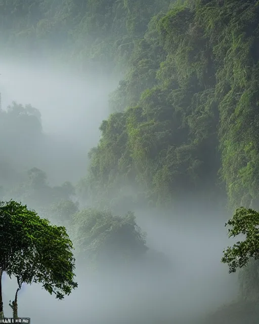 Image similar to photo of a beautiful heavenly kingdom built with sticks and stones in the deep jungle, misty godrays