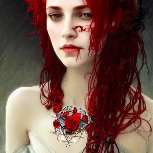 Image similar to portrait of beautiful vampire, rose thorn crown, thorns everywhere, headshot, pale skin, 4k, rule of thirds, extreme detail, detailed drawing, trending artstation, hd, fantasy, D&D, realistic lighting, by Alphonse Mucha, Greg Rutkowski, sharp focus, backlit, bright red hair, small necklace,