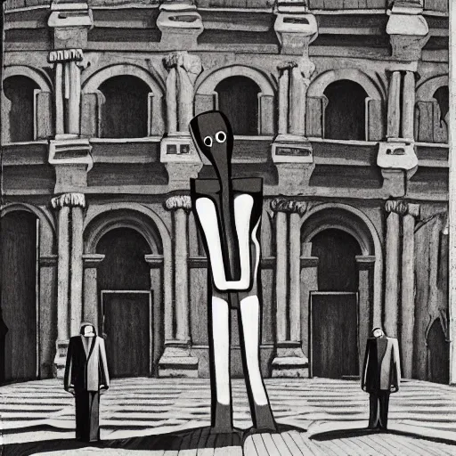 Prompt: weeping robot surrounded by cloaked disciples in masks, brutalist courtyard, colosseum interior, by PJ Crook and Edward Hopper