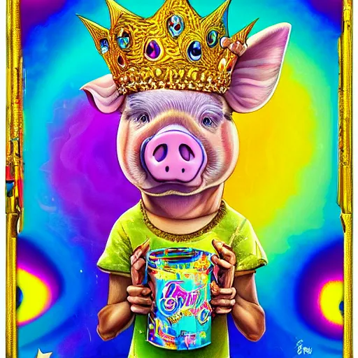 Image similar to lisa frank action pose pig wearing a gold crown holding pop can painting by android jones