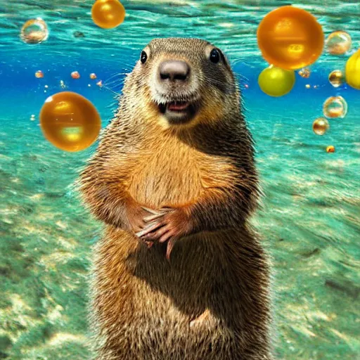 Image similar to a groundhog diving, realistic, underwater bubbles