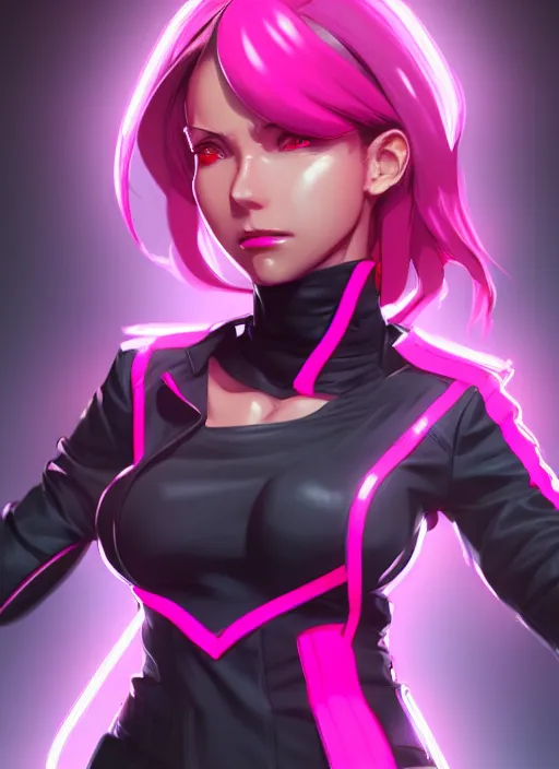 Image similar to female boss, wide angle view, neon pink and black color scheme, highly detailed, artgerm, cushart krenz, king of fighters style, trending on artstation, soft light, sharp focus, illustration, character design, concept art