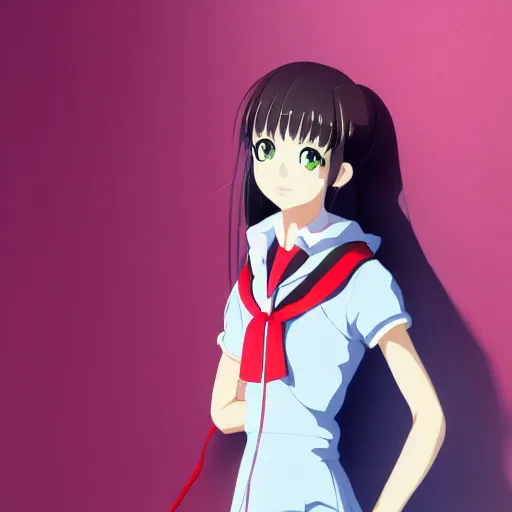 Image similar to a high detail portrait of high school girl by makoto sinkai, kyoto animation, kawaii, full body, in simple background, CLIP STADIO, mad painting