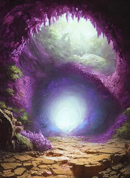 Image similar to beautiful hyper realistic zergling tunnel in cave of purple crystals, beautiful painting by greg rutkowski