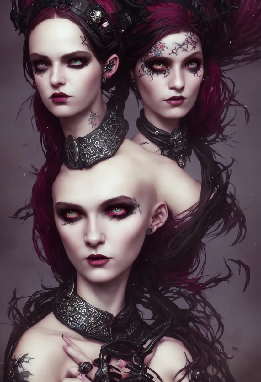 Image similar to beautiful very extreme closeup portrait, goth girl, piercings collar, mohawk hairstyle, medieval dress. witch, makeup. unreal engine, greg rutkowski, loish, rhads, beeple, tom bagshaw, alphonse mucha, global illumination, detailed and intricate environment