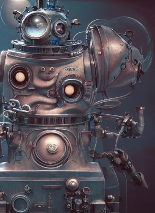 Image similar to highly detailed closeup, portrait of a retro robot deep sea diving, unreal engine, nicoletta ceccoli, mark ryden, earl norem, lostfish, global illumination, detailed and intricate environment