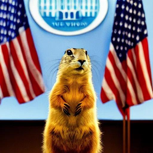 Prompt: a fat prairie dog in a press confenrece room, giving a presidential speech