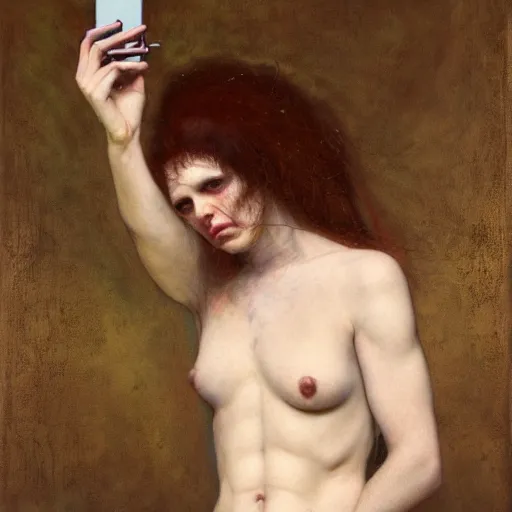 Prompt: goetic demon taking a selfie | highly detailed oil painting, hyperrealistic, very intrincate, detailes face | cinematic lighting, award - winning | by roberto ferri, gustav klimt, william waterhouse and tom bagshaw | by austin osman spare and william blake, trending on artstation, cgsociety, official art, octane.